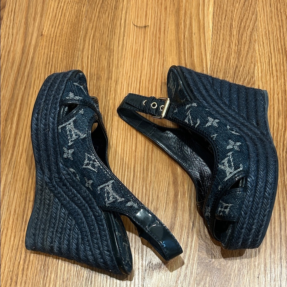 Vintage Louis Vuitton blue denim Wedge Sandals espadrille shoe 37 - Picture 4 of 12